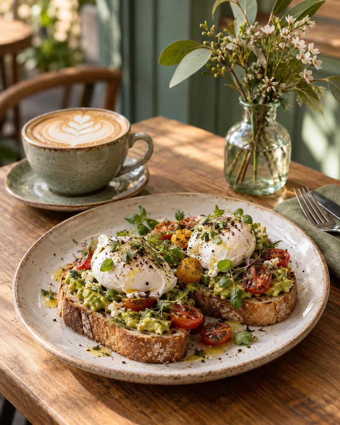 Illustrative cafe brunch with poached eggs on sourdough and a flat white