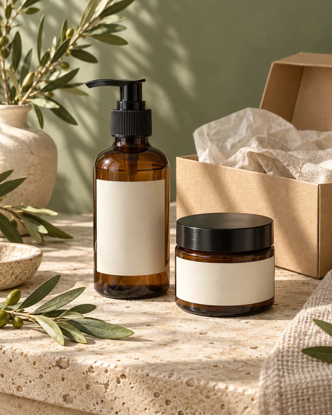 Illustrative skincare gift with amber bottles and a kraft box